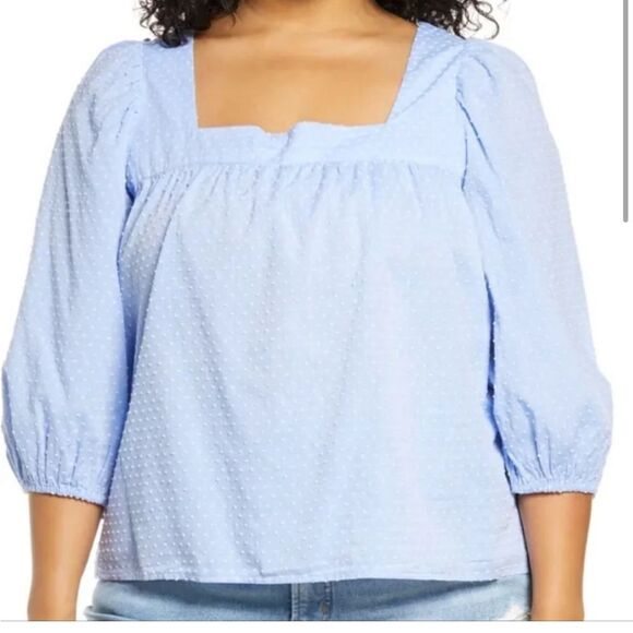 Caslon 100% Cotton Square Neck Puff Elbow Sleeve Textured Dot Top Blue Large NWT - Picture 1 of 10